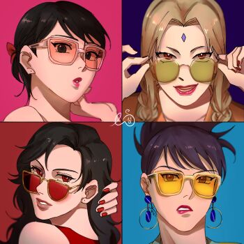 4girls absurdres adjusting_eyewear alternate_hairstyle arm_behind_head black_eyes black_hair blonde_hair braid brown_eyes earrings facial_mark forehead_mark frown green-tinted_eyewear highres jewelry lipstick low_twin_braids makeup may_c mitarashi_anko multiple_girls naruto_(series) naruto_shippuuden open_mouth piercing_hole pink-tinted_eyewear ponytail puckered_lips purple_lips red-tinted_eyewear red_eyes red_lips red_nails shizune_(naruto) short_hair smile sunglasses tinted_eyewear tsunade_(naruto) twin_braids wavy_hair yellow-tinted_eyewear yuuhi_kurenai