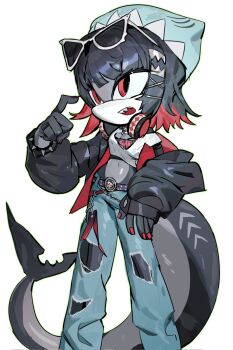 1girl beanie belt black_hair black_jacket blue_belt blue_hat blue_pants blunt_bangs colored_inner_hair commentary corrupted_twitter_file denim ellen_joe eyewear_on_head fins fish_tail furrification furry furry_female hair_ornament hairclip hand_up hat headphones headphones_around_neck highres jacket jeans kanalit5 multicolored_hair nail_polish official_alternate_costume open_mouth pants red_eyes red_hair red_nails shark_girl shark_tail sharp_teeth shirt short_hair short_sleeves simple_background solo sonic_(series) sunglasses symbol-only_commentary tail teeth torn_clothes torn_jeans torn_pants two-tone_hair white-framed_eyewear white_background white_shirt zenless_zone_zero