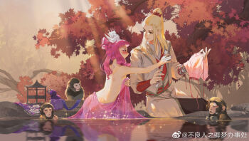1boy 1girl bu_liangren_zhi_qing_meng_banshichu chi_meng_(hua_jianghu_zhi_bei_mo_ting) covering_privates covering_breasts hair_ornament highres hua_jianghu_zhi_bei_mo_ting in_water monkey nude pink_hair silk smile sparkle teasing tree
