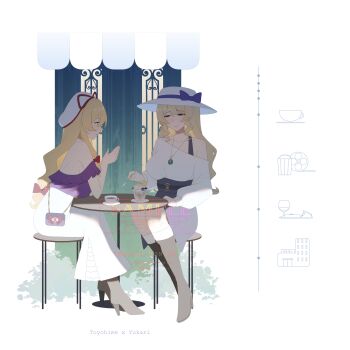 2girls absurdres alternate_costume bag blonde_hair boots bow breasts brown_boots closed_mouth commentary cup dating english_commentary food food_request hair_bow handbag hat hat_bow hat_ribbon high_heel_boots high_heels highres holding holding_spoon jewelry knee_boots large_breasts long_hair long_sleeves multiple_girls necklace no_noru pendant purple_shirt purple_skirt red_bow red_eyes ribbon sample_watermark saucer shirt sitting skirt smile spoon table teacup touhou watatsuki_no_toyohime watermark white_hat white_shirt white_skirt yakumo_yukari yellow_eyes yuri