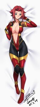 1girl absurdres artist_name blue_eyes bodysuit breasts code_geass dated female_focus full_body highres kouzuki_kallen large_breasts looking_at_viewer lying medium_hair on_back parted_bangs red_hair unzipped variant_set yoo_tenchi