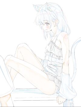 1girl 1other animal_ears blush casual_one-piece_swimsuit cat_ears cat_girl cat_tail color_trace commentary_request flat_chest frilled_one-piece_swimsuit frills highres medium_hair one-piece_swimsuit original papiyon1297 sitting smile solo_focus swimsuit tail