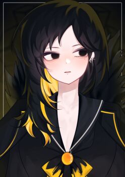 1girl absurdres aegyo_sal akaneeeeee52 binah_(project_moon) black_background black_eyes black_hair blonde_hair commentary commentary_request dot_nose earrings english_commentary gradient_background highres inset_border jewelry korean_commentary library_of_ruina long_hair mixed-language_commentary multicolored_hair open_mouth outside_border project_moon single_earring solo streaked_hair upper_body yellow_background