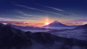 blue_sky cloud commentary_request fog gradient_sky highres mountain mountaintop no_humans orange_sky original outdoors pei_(sumurai) sky sunset