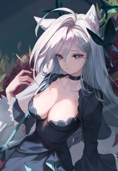 1girl ahoge animal_ears arm_at_side black_choker black_dress black_sleeves blue_archive breasts bright_pupils choker cleavage closed_mouth commentary cowboy_shot cross_hair_ornament crying crying_with_eyes_open detached_sleeves dress eyelashes fingernails grey_eyes grey_hair gun hair_between_eyes hair_ornament hand_up highres large_breasts lizchief long_bangs long_hair looking_at_viewer sad shiroko_terror_(blue_archive) signature solo streaming_tears symbol-only_commentary tears tears_from_one_eye weapon weapon_request white_pupils