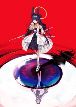 2girls asymmetrical_sleeves bare_shoulders blank_eyes blue_eyes blunt_bangs boots center-flap_bangs choker commentary crinoline detached_sleeves diamond_hairband different_reflection double_bun dress dress_flower english_commentary flat_chest flower frilled_dress frills fur-trimmed_choker fur_trim gauntlets gloves gradient_hair hair_bun halo halo_behind_head harutimu highres holding holding_weapon hololive hololive_english long_hair low_wings multicolored_hair multiple_girls ninomae_ina'nis ninomae_ina'nis_(1st_costume) ninomae_ina'nis_(ina_the_hero) official_alternate_costume official_alternate_hairstyle open_clothes open_dress orange_hair orange_halo platform_boots pointy_ears print_dress purple_hair red_background reflection see-through_clothes sidelocks single_detached_sleeve single_gauntlet standing strapless strapless_dress takodachi_(ninomae_ina'nis) tentacle_hair traditional_halo tube_dress twintails_with_hair_base virtual_youtuber weapon weapon_request white_dress wings