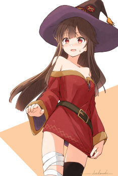 1girl aged_up alternate_breast_size_(larger) bandaged_leg bandages belt black_thighhighs breasts brown_belt brown_hair dress hat highres kono_subarashii_sekai_ni_shukufuku_wo! looking_at_viewer megumin natsushi open_mouth red_dress red_eyes small_breasts solo thighhighs white_background witch_hat
