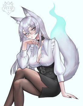 1girl absurdres animal_ear_fluff animal_ears artist_logo belt black_belt black_nails black_ribbon black_skirt blue_eyes breasts buttons collared_shirt commentary english_commentary fingernails fox_ears fox_girl fox_tail glasses highres logo long_hair mole mole_under_eye original pantyhose parted_lips ribbon sharp_fingernails shirt skirt solo tail vixylseijin white_shirt