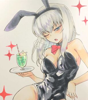 1girl animal_ears black_leotard bow breasts detached_collar drink fake_animal_ears girls_und_panzer grey_hair highres holding holding_plate itsumi_erika large_breasts leotard looking_at_viewer marker_(medium) one_eye_closed open_mouth plate rabbit_ears red_bow sawamaru30 simple_background solo teeth traditional_media upper_teeth_only white_background