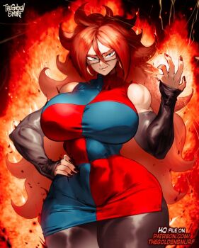 1girl android_21 artist_name bare_shoulders black_pantyhose blue_dress blue_eyes breasts brown_hair closed_mouth commentary detached_sleeves dragon_ball dragon_ball_fighterz dress earrings fiery_aura glass hair_between_eyes hand_on_own_hip hoop_earrings jewelry large_breasts long_hair looking_at_viewer muscular muscular_female pantyhose red_dress sleeveless sleeveless_dress smile solo the_golden_smurf two-tone_dress