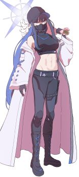 1girl absurdres bare_shoulders baseball_cap belt black_belt black_boots black_hair black_hat black_mask black_pants black_shirt blue_archive blue_eyes blue_hair blue_halo boots bouquet breasts buckle chest_harness coat colored_inner_hair covered_mouth crop_top flower full_body gloves groin hair_between_eyes halo hand_up harness hat highres holding holding_bouquet knee_boots knife_sheath large_breasts long_hair looking_at_viewer mask midriff mouth_mask multicolored_hair navel off_shoulder open_clothes open_coat pants saori_(blue_archive) sheath sheathed shirt sidelocks simple_background sleeveless sleeveless_shirt snap-fit_buckle solo standing thigh_sheath toned toned_female two-tone_hair uminekoyukio white_background white_coat