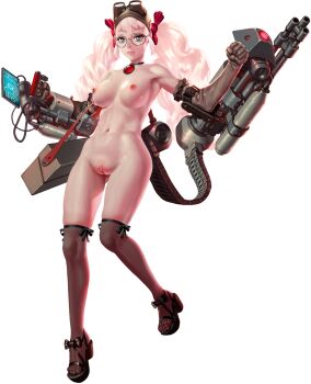 1girl absurdres armpits artist_request bare_shoulders black_bow blue_eyes bow breasts brooke_(crystal_maidens) cleavage closed_mouth crystal_maiden_(series) full_body game_cg glasses goggles goggles_on_head gun hair_bow highres machine_gun mechanical_arms navel nipples nude official_art pussy red_bow screen solo strap transparent_background weapon white_hair