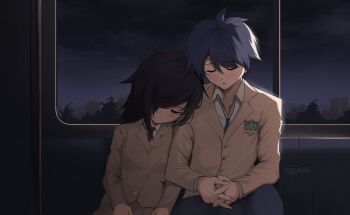 Rule 34 | 1girl, absurdres, bags under eyes, black hair, blazer, blush, chaos;head, closed eyes, collared shirt, highres, jacket, kuroki tomoko, long hair, long sleeves, necktie, neva (dir4ct c), night, nishijou takumi, open collar, school uniform, science adventure, shirt, sleeping, sleeping on person, suimei academy school uniform, train interior, watashi ga motenai no wa dou kangaetemo omaera ga warui!, white shirt