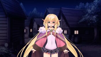 1girl atelier-moo barrel black_skirt blonde_hair blush bush choker cloak collarbone cowboy_shot cropped_jacket elf embarrassed flat_chest fur-trimmed_cloak fur_trim game_cg gem green_eyes highres jacket leotard long_hair long_pointy_ears long_sleeves low-tied_sidelocks low_twintails microskirt night non-web_source open_hands open_mouth our_battle_has_just_begun! pink_jacket pleated_skirt pointy_ears purple_choker purple_cloak raised_inner_eyebrows sidelocks skirt sky solo standing star_(sky) synsya thighs tree twintails very_long_hair village white_leotard wide_sleeves wooden_horse