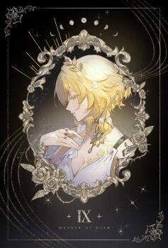 1girl aglaea_(honkai:_star_rail) black_background blonde_hair breasts cleavage collarbone dress flower from_side gold_ring green_eyes hair_flower hair_ornament hand_up highres hitohachan honkai:_star_rail honkai_(series) laurel_crown medium_breasts medium_hair moon picture_frame portrait solo tarot white_dress