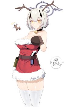 1girl absurdres alternate_costume doodle_sensei_(blue_archive) bell belt black_horns blue_archive braid breasts brown_belt brown_mittens christmas cleavage closed_mouth demon_horns dress expressionless fake_antlers feet_out_of_frame fur-trimmed_dress fur_trim highres holster holstered horns jingle_bell large_breasts looking_at_viewer mittens neck_bell plentyofempty red_dress reindeer sena_(blue_archive) sensei_(blue_archive) short_hair skindentation solo speech_bubble strapless strapless_dress thighhighs tube_dress white_hair white_thighhighs yellow_eyes