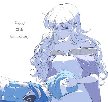 1boy 1girl armor backlighting bare_shoulders blue_cape blue_hair blue_tunic breasts cape circlet cleavage closed_mouth collarbone cowboy_shot curly_hair deirdre_(fire_emblem) dress eyelashes fire_emblem fire_emblem:_genealogy_of_the_holy_war gloves hair_between_eyes happy_anniversary headband highres lap_pillow long_hair looking_at_another looking_down low_ponytail mother_and_son nintendo off-shoulder_dress off_shoulder ponytail purple_eyes purple_hair seliph_(fire_emblem) shoulder_armor simple_background sitting tunic white_background white_dress white_gloves white_headband yurari_forever