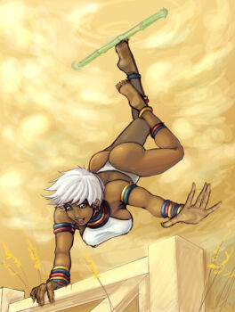 1girl ahoge andrew_mcworther anklet aqua_nails armlet ass balancing barefoot bikini blue_eyes blue_hair blue_nails bracelet breasts capcom capoeira cleavage cloud dark-skinned_female dark_skin deviantart earrings elena_(street_fighter) feet female_focus fingernails flexible handstand hip_focus holding_with_feet jewelry kicking large_breasts legs lips lots_of_jewelry matching_hair/eyes motion_blur nail_(hardware) nail_polish navel neck_ring one_arm_handstand open_mouth short_hair sideboob simple_background sky smile soles solo standing standing_on_one_leg street_fighter street_fighter_iii_(series) swimsuit thighs thong toenail_polish toenails toes upside-down white_bikini white_hair