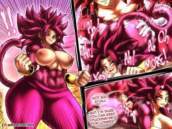 1boy 1girl absurdres ass blush breasts cum dragon_ball dragon_ball_daima dragon_ball_super earrings english_text gloves highres jewelry kefla_(dragon_ball) large_breasts muscular muscular_male nipples potara_earrings red_hair rezp sex smile super_saiyan super_saiyan_4 tail vegetto