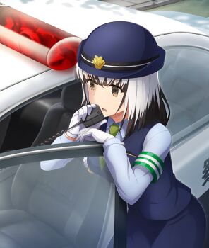1girl armband black_hair blue_hat blue_shirt blue_skirt blue_vest bowler_hat breasts brown_eyes car colored_tips cowboy_shot day game_cg gloves green_armband green_necktie grey_hair hat leaning_on_object medium_breasts medium_hair motor_vehicle multicolored_hair necktie official_art open_mouth outdoors police police_car police_hat police_uniform policewoman road satsuki_yomi shirt sidewalk skirt solo street striped_armband striped_clothes third-party_source toji_no_miko toji_no_miko:_kizamishi_issen_no_tomoshibi vest white_gloves
