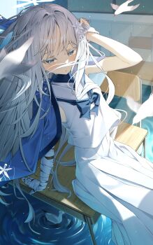 1girl absurdres bandaged_arm bandages bird blue_archive blue_bow blue_haori bow desk flower hair_flower hair_ornament hand_in_own_hair haori highres japanese_clothes long_hair maeru nagusa_(blue_archive) on_desk shirt sidelocks sitting skirt sleeveless sleeveless_shirt solo white_eyes white_flower white_hair white_shirt white_skirt
