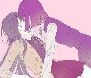 2girls black_dress black_hair blush commentary dress gakuen_idolmaster hand_on_another's_face hataya_misuzu highres idolmaster jacket kiss medium_hair multiple_girls pink_background pleated_skirt pog_pogken purple_hair purple_skirt purple_vest school_uniform simple_background skirt sweat tsukimura_temari vest yellow_jacket yuri