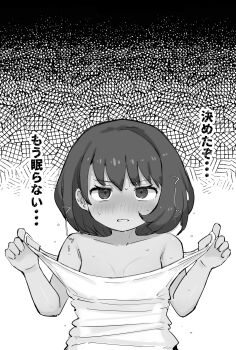 1girl blush breasts clenched_teeth collarbone commentary_request gloria_(pokemon) greyscale hands_up highres kutabireta_neko looking_at_viewer medium_hair monochrome nintendo off_shoulder pokemon pokemon_swsh shirt solo sweat teeth translation_request upper_body
