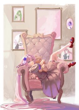 1girl absurdres aponia blue_eyes brown_dress couch dated_commentary dress eden_(honkai_impact) elysia_(honkai_impact) griseo griseo_(starry_impression) hairband highres holding holding_stuffed_toy honkai_(series) honkai_impact_3rd indoors long_hair lying mobius_(honkai_impact) on_back on_couch pink_hair portal_(object) purple_hairband red_shoes shoes smile smiley_(22412smiley) socks solo stuffed_animal stuffed_toy teddy_bear white_socks