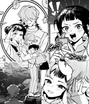 1boy 1girl aquarium black_skirt blunt_bangs blush boots claw_pose couple double_bun dragonla greyscale hair_bun hair_over_eyes hand_on_own_cheek hand_on_own_face hetero highres holding holding_phone hood hoodie hug jellyfish kpop_demon_hunters loose_socks monochrome mystery_(kpop_demon_hunters) open_mouth parted_lips phone short_bangs short_hair skirt smile socks stuffed_turtle sweater_vest turtle v zoey_(kpop_demon_hunters)