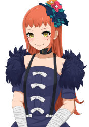 Rule 34 | 1girl, bandaged arm, bandages, black choker, black dress, choker, closed mouth, dress, facial mark, fire emblem, fire emblem engage, flower, hair flower, hair ornament, highres, long hair, looking at viewer, nintendo, orange hair, panette (fire emblem), patty ojisan, smile, solo, stitched mouth, stitches, upper body, yellow eyes