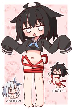 Rule 34 | 2girls, :d, @ @, absurdres, antenna hair, barefoot, black hair, black shirt, blank eyes, blue neckerchief, blush, border, bottomless, brown eyes, chibi, closed mouth, commentary request, cropped shirt, full body, grey hair, hana kazari, hands up, highres, jitome, long sleeves, looking at viewer, multiple girls, multiple views, navel, neckerchief, open mouth, original, outline, outside border, pink background, red ribbon, ribbon, sailor collar, shirt, short hair, simulated facial, sleeves past fingers, sleeves past wrists, smile, spiral-only eyes, standing, suggestive fluid, translation request, white border, white outline, white sailor collar