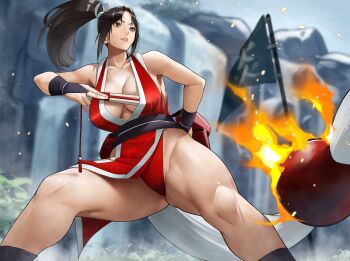 1girl absurdres arm_guards bare_legs bare_shoulders black_hair blurry blurry_background breasts brown_eyes cameltoe cleavage collarbone commentary crossover embers fatal_fury fingernails fire flag folded_fan folding_fan hair_ornament hand_fan high_ponytail highleg highleg_panties highres holding holding_fan japanese_clothes large_breasts lips long_hair ninja no_bra obi outdoors panties parted_bangs parted_lips pelvic_curtain plant ponytail pyrokinesis red_panties revealing_clothes sash shiranui_mai sideboob sleeveless solo street_fighter street_fighter_6 tabi tassel the_king_of_fighters thick_thighs thighs toned toned_female underwear water waterfall wrist_cuffs yoshio_(55level)