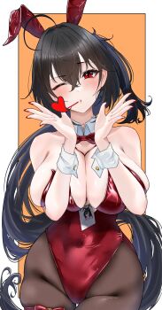 1girl absurdres ahoge animal_ears azur_lane black_hair blowing_kiss bow bowtie breasts brown_pantyhose commentary covered_navel cowboy_shot crossed_bangs detached_collar fake_animal_ears hair_between_eyes hair_intakes head_tilt heart highres huge_breasts id_card lanyard leotard long_hair looking_at_viewer nail_polish nonokuro_no96 official_alternate_costume one_eye_closed orange_background pantyhose playboy_bunny ponytail rabbit_ears red_bow red_bowtie red_eyes red_leotard red_nails simple_background skindentation solo strapless strapless_leotard taihou_(azur_lane) taihou_(fun_on_the_baize)_(azur_lane) thigh_bow very_long_hair wrist_cuffs