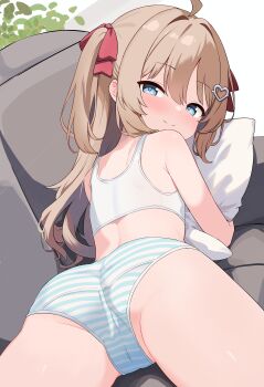 1girl ahoge ass bare_shoulders blue_eyes blush bow bra brown_hair cameltoe closed_mouth commission couch from_behind hair_between_eyes hair_bow hair_ornament hair_ribbon hairclip heart heart_hair_ornament hugging_object loli long_hair looking_at_viewer looking_back lying neuro-sama on_couch on_stomach panties pawrorikon pillow pillow_hug pixiv_commission red_bow red_ribbon ribbon smile solo sports_bra striped_clothes striped_panties training_bra two_side_up underwear underwear_only vedal_ai virtual_youtuber white_bra white_panties white_sports_bra
