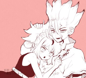 1boy 1girl blush clothes_grab dr._stone dress hair_between_eyes hand_on_another&#039;s_head highres ishigami_senkuu kohaku_(dr._stone) medium_hair monochrome ninomae_gin open_mouth pink_background ponytail sidelocks sleeveless sleeveless_dress smile spiked_hair teeth upper_body upper_teeth_only