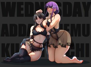 2025 2girls bare_shoulders barefoot black_hair black_thighhighs bleach braid braided_ponytail breasts character_name collarbone commission crossover elbow_gloves garter_belt garter_straps gloves green_eyes kurotsuchi_nemu large_breasts light_blush lingerie lixiart long_hair looking_at_viewer multiple_girls navel purple_hair simple_background smile stomach the_addams_family thighhighs thighs underwear wednesday_addams