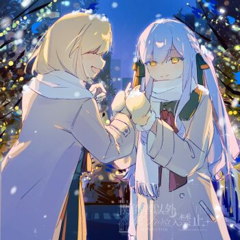 2girls artist_request bang_dream! bang_dream!_it's_mygo!!!!! blonde_hair blue_hair brown_coat closed_eyes closed_mouth coat commentary_request commission green_ribbon hair_ribbon holding_hands long_hair misumi_uika multiple_girls open_mouth outdoors ribbon scarf second-party_source sidelocks smile snow togawa_sakiko two_side_up upper_body white_scarf winter_clothes yellow_eyes