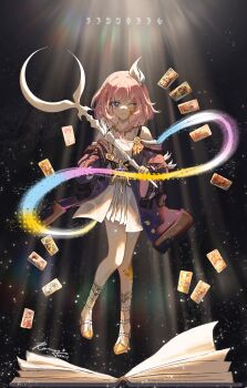1girl absurdres amphoreus_(honkai:_star_rail) bare_shoulders blood_on_cheek blue_eyes book card ceremonial_blade_(honkai:_star_rail) chinese_commentary coat commentary_request cyrene_(aedes_elysiae)_(honkai:_star_rail) cyrene_(honkai:_star_rail) dress gold_blood highres holding holding_staff honkai:_star_rail honkai_(series) jewelry luyinli39 mobius_strip necklace one_eye_closed open_book pink_hair purple_coat sandals solo staff tarot tarot_card white_dress