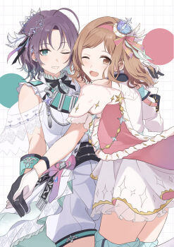 2girls asakura_toru bare_shoulders black_bow blue_eyes blue_hair bow breasts brown_hair crown dress feathers hal_ogura highres idolmaster idolmaster_shiny_colors idolmaster_shiny_colors_song_for_prism jewelry mini_crown multiple_girls open_mouth pink_bow pink_shawl ring sakuragi_mano shawl shorts smile white_shorts