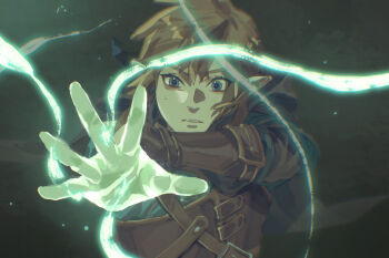 1boy blue_eyes brown_hair commentary_request gloves glowing glowing_hand highres hood hood_down light_particles link male_focus nintendo outstretched_arm parted_lips pointy_ears sidelocks simple_background single_glove solo sumooo_(ga_ilil) the_legend_of_zelda the_legend_of_zelda:_tears_of_the_kingdom upper_body