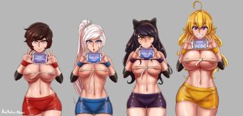 4girls absurdres aestheticc-meme ahoge animal_ears bare_shoulders blake_belladonna blonde_hair blue_eyes bow breasts cat_ears cleavage detached_sleeves gradient_hair grey_eyes grin hair_bow highres large_breasts long_hair looking_at_viewer midriff multicolored_hair multiple_girls open_mouth ponytail purple_eyes red_hair ribbon ruby_rose rwby scar scar_across_eye scar_on_face shirt short_hair short_sleeves shorts side_ponytail sleeveless sleeveless_shirt smile tape_measure two-tone_hair vambraces wavy_hair weiss_schnee white_hair yang_xiao_long yellow_eyes yellow_shirt