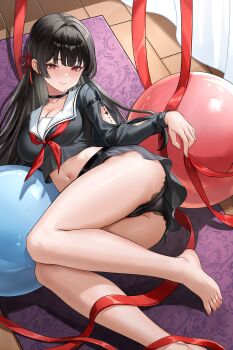 1girl absurdres arm_cutout ass barefoot black_choker black_hair black_panties black_shirt black_skirt chisa_(wuthering_waves) choker clothing_cutout hair_ribbon highres long_hair looking_at_viewer lopy lying navel neckerchief on_side panties red_eyes red_neckerchief red_ribbon ribbon sailor_collar school_uniform second-party_source serafuku shirt skirt smile solo tacet_mark_(wuthering_waves) underwear white_sailor_collar wuthering_waves