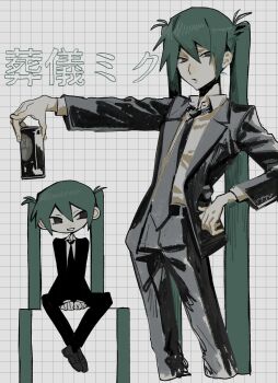 Rule 34 | 1girl, androgynous, black suit, brown shoes, collared shirt, drink, formal clothes, green hair, grey jacket, grey pants, grid background, grin, hatsune miku, highres, holding, holding drink, jacket, long hair, pants, shirt, shoes, smile, suit, teeth, very long hair, vocaloid, yowai namekuji