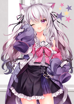 Rule 34 | 1girl, ;d, animal ear fluff, animal ears, black ribbon, black skirt, blush, bow, cat ears, cat girl, cat tail, center frills, commission, frilled sailor collar, frilled skirt, frills, grey background, grey hair, hair between eyes, hair ribbon, hand up, jacket, long hair, long sleeves, looking at viewer, multicolored hair, nogi takayoshi, off shoulder, one eye closed, open clothes, open jacket, open mouth, original, pink bow, pleated skirt, puffy long sleeves, puffy sleeves, purple eyes, purple hair, purple jacket, ribbon, sailor collar, shirt, skeb commission, skirt, sleeves past fingers, sleeves past wrists, smile, solo, star (symbol), star symbol background, streaked hair, tail, twintails, two-tone background, very long hair, white background, white sailor collar, white shirt