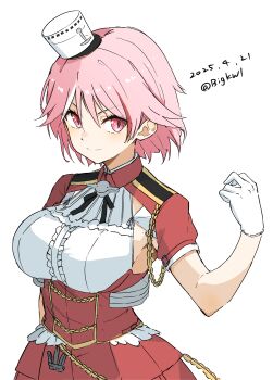 1girl absurdres aiguillette armpit_cutout bigkwl breasts clothing_cutout dated epaulettes giuseppe_garibaldi_(kancolle) gloves hat highres kantai_collection large_breasts mini_hat pink_eyes pink_hair pleated_skirt red_shirt shirt short_sleeves skirt smile solo white_background white_gloves