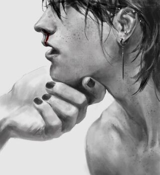 1boy 1other absurdres adam's_apple barbell_piercing black_nails blood commentary ear_piercing earrings fieroo greyscale hand_on_another's_chin highres industrial_piercing jewelry kirishima_ayato lips male_focus monochrome nose nosebleed open_mouth piercing short_hair simple_background tokyo_ghoul white_background