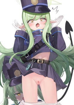 2girls ^^^ armband assisted_exposure belt black_belt black_tail blue_archive blue_armband blue_hat blue_jacket blue_skirt blush buttons cleft_of_venus clothes_pull commentary cowboy_shot demon_tail double-breasted earrings floating_clothes floating_hair fuyouchu gloves gluteal_fold green_hair green_halo halo hands_up hashtag-only_commentary hat highres hikari_(blue_archive) jacket jewelry kepi long_hair long_sleeves looking_down midriff_peek military_hat motion_lines multiple_girls nozomi_(blue_archive) open_mouth panties panty_pull pantyhose pantyhose_pull pleated_skirt pointy_ears pulling_another's_clothes pussy siblings sidelocks simple_background sisters skirt smile solo_focus speed_lines standing tail tail_raised twins uncensored underwear v-shaped_eyebrows very_long_hair wavy_mouth whistle white_background white_gloves white_panties white_pantyhose yellow_eyes