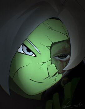 1boy black_bodysuit blood blood_on_face bodysuit colored_skin cracked_kawaii_mask cracked_mask dragon_ball dragon_ball_super earrings eyelashes fused_zamasu green_skin grey_eyes hand_up jewelry king_omikuji pointy_ears potara_earrings smile solo spiked_hair white_hair