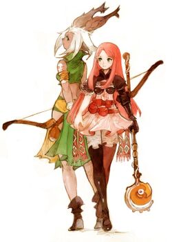 2girls animal_ears armor armored_dress back-to-back boots bow_(weapon) crop_top dark-skinned_female dark_skin dress final_fantasy final_fantasy_tactics_advance full_body green_eyes hair_ornament hairpin height_difference holding holding_bow_(weapon) holding_staff holding_weapon long_hair looking_at_another multiple_girls peppermint_jet pink_hair rabbit_ears ritz_malheur shara short_hair short_sleeves simple_background sleeveless staff thigh_boots viera weapon white_background white_hair