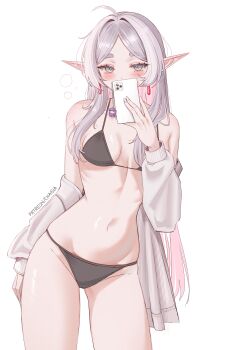 1girl absurdres bare_shoulders black_bra black_panties blush bra breasts cardigan_partially_removed cellphone chaisia_art earrings elf fern_(sousou_no_frieren) frieren green_eyes hair_down hair_intakes highres holding holding_phone jewelry long_hair long_sleeves looking_at_viewer messy_hair panties parted_bangs phone pointy_ears sleepy smartphone solo sousou_no_frieren taking_picture teardrop_earrings thick_eyebrows underwear white_background white_hair